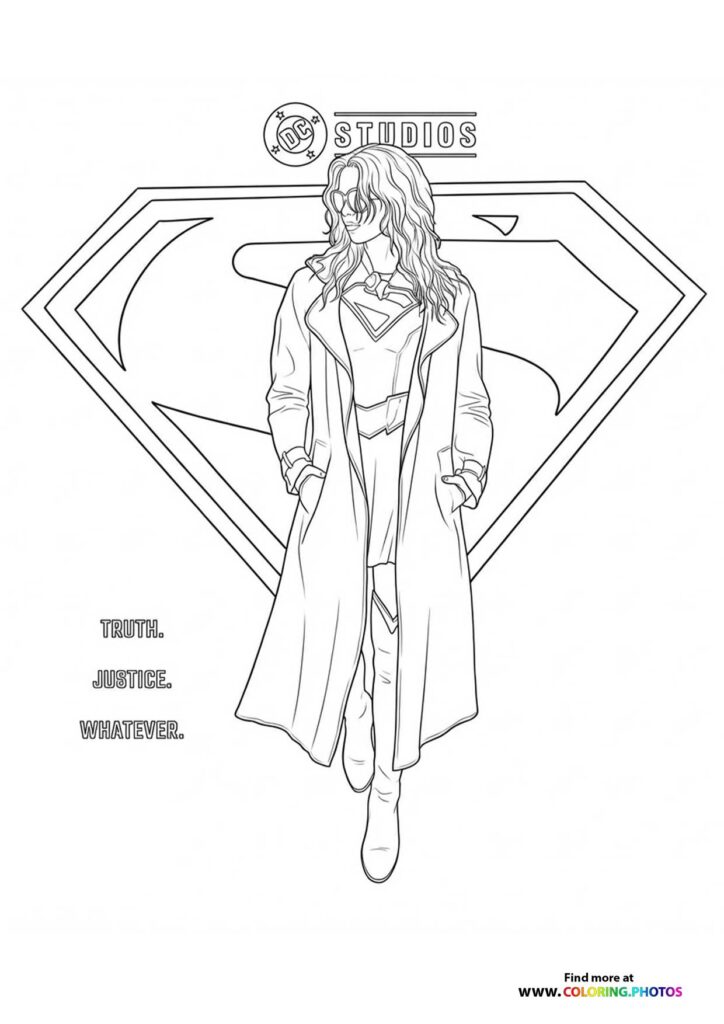 Supergirl in casual coat standing in front of DC Studios diamond shield logo coloring page