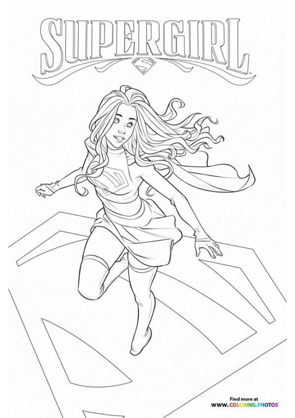Supergirl flying with cape flowing and arms outstretched in action pose coloring page from SuperGirl 2026