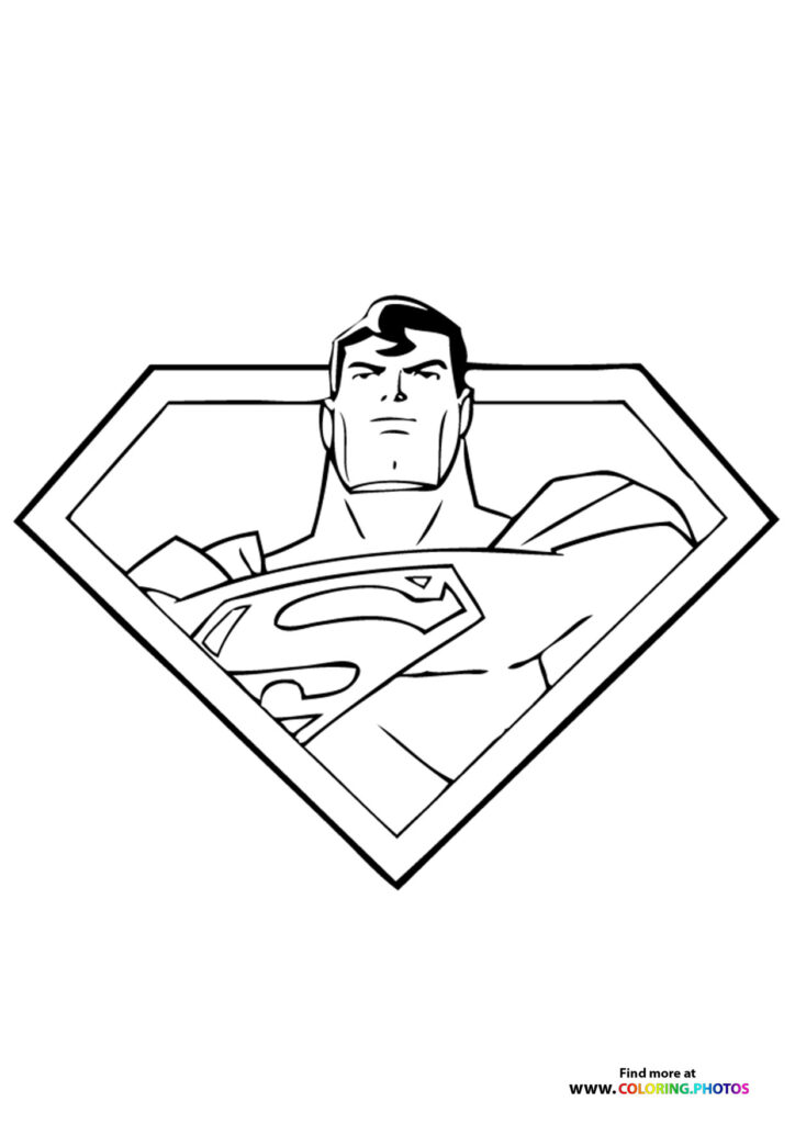 Superman in confident pose with iconic S-shield emblem, diamond-shaped frame coloring page