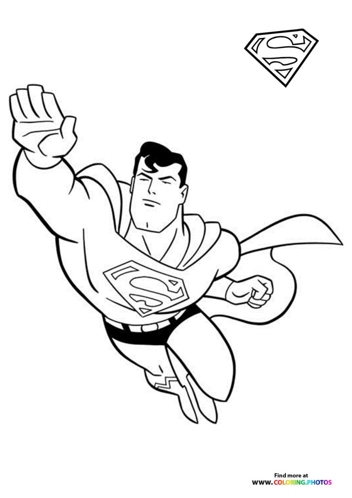 Superman flying with raised fist and cape flowing coloring page