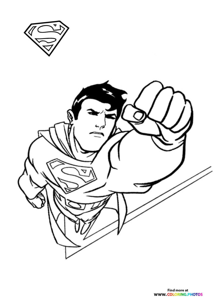 Superman flying forward with raised fist in a powerful punch pose coloring page