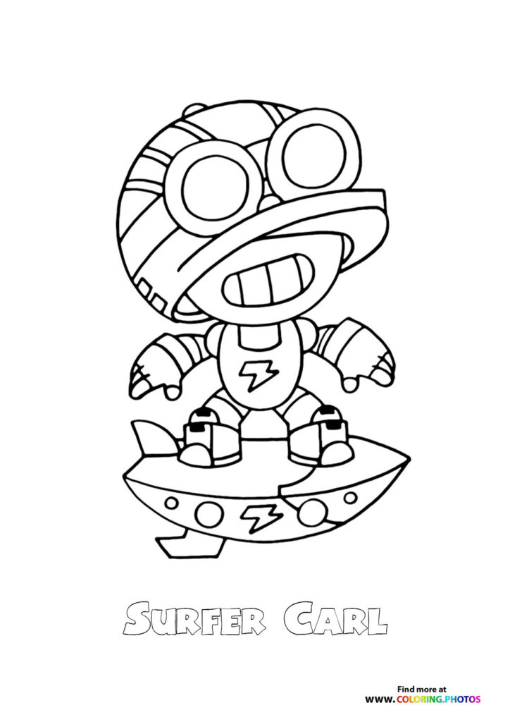 Surfer Carl from Brawl Stars wearing a shell helmet and standing on a surfboard coloring page