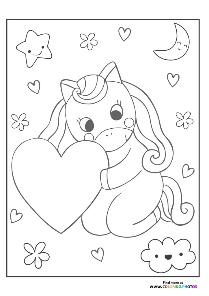 Cute pony holding a heart with stars, flowers, and moon on coloring page