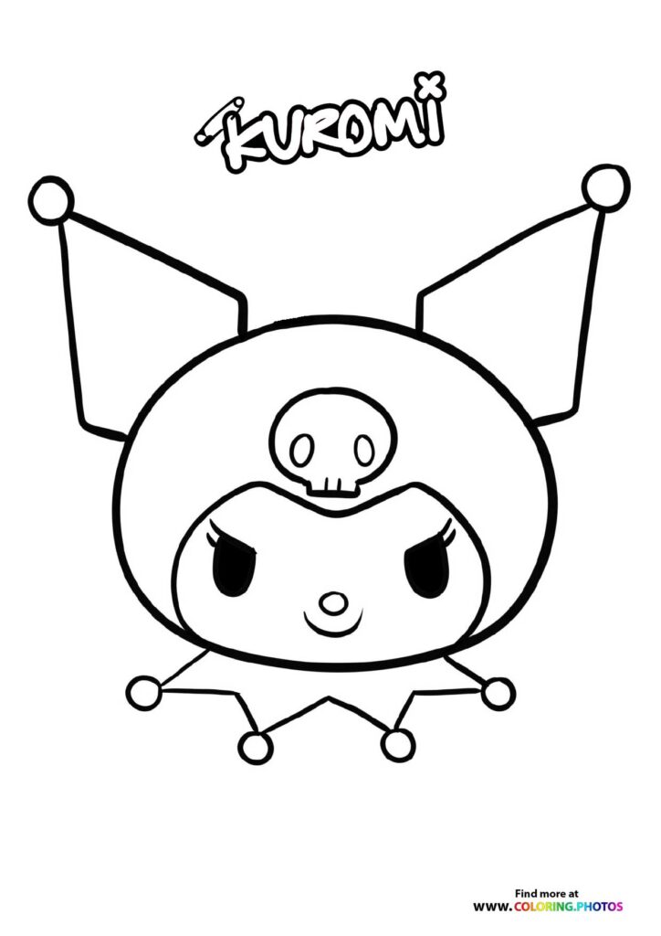 Kuromi with devil horns, skull bow, and angry eyes in cute pose coloring page from Sanrio
