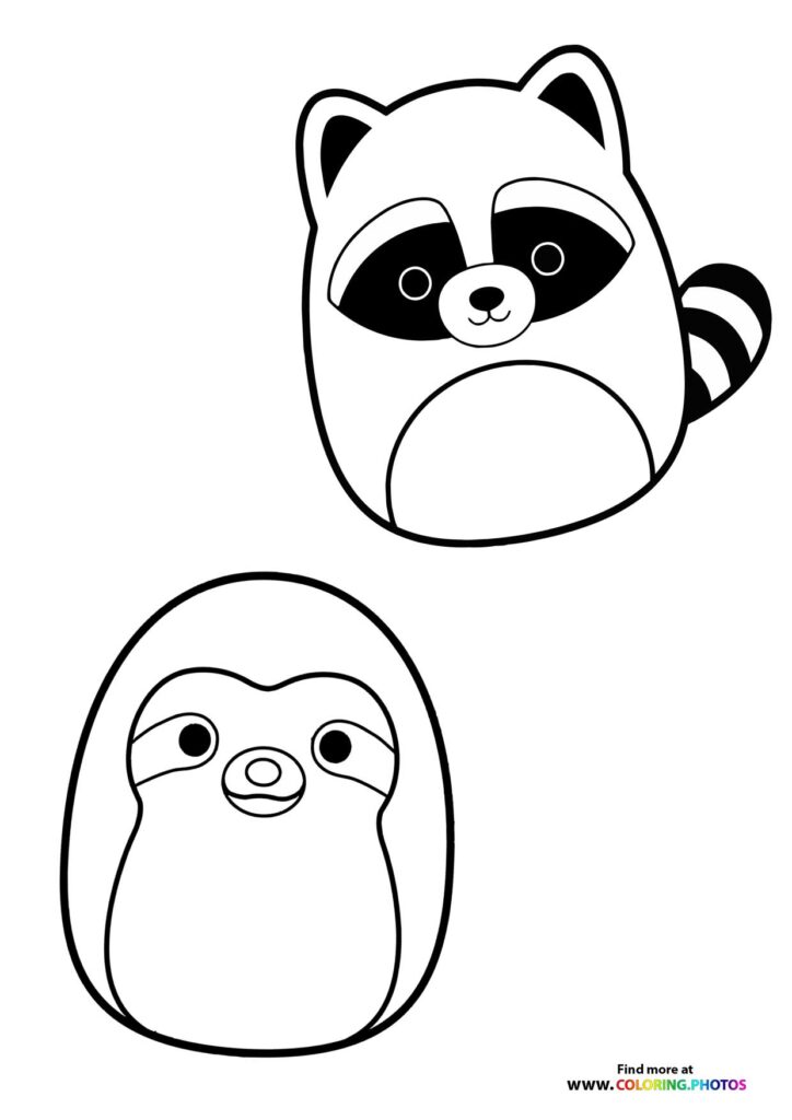Raccoon and penguin Squishmallow characters coloring page with simple outlines