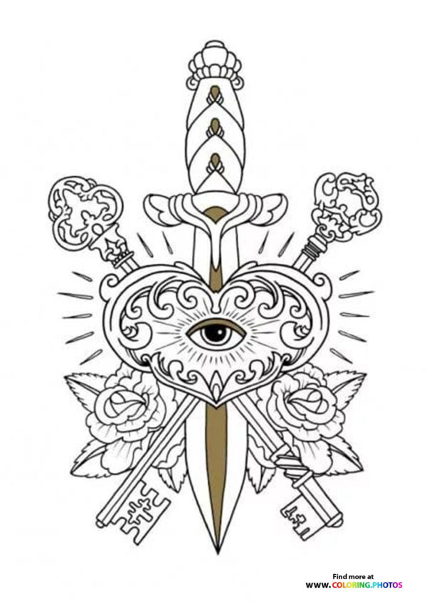 Sword and keys coloring for adults