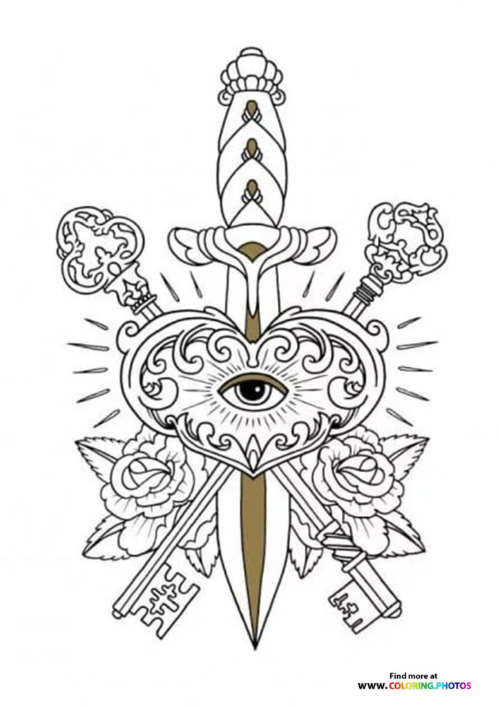 Sacred heart tattoo design with all-seeing eye, sword, roses, and ornate cross coloring page