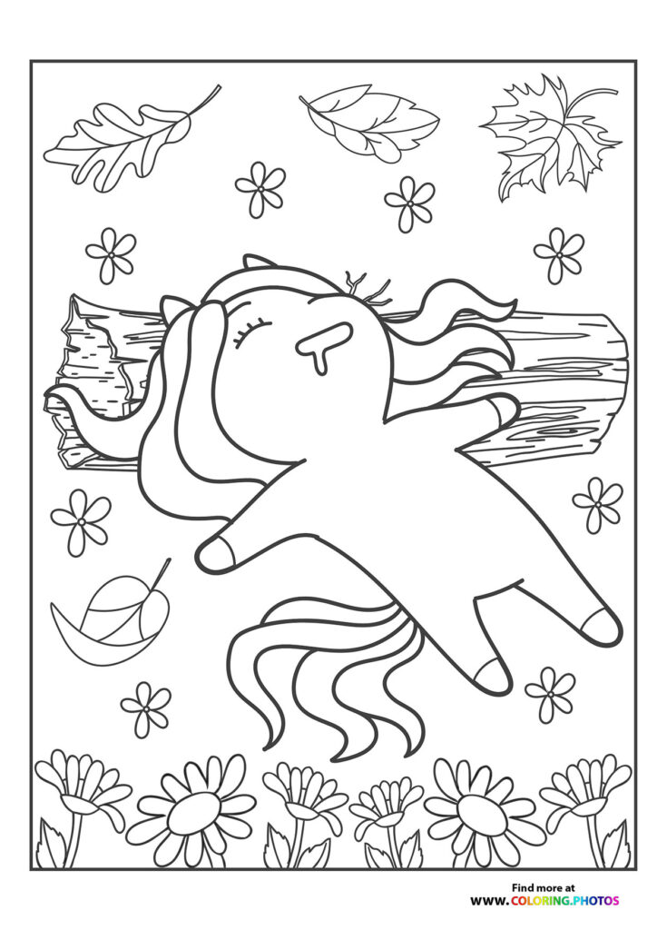 Happy pony jumping in a flower meadow with daisies and autumn leaves coloring page