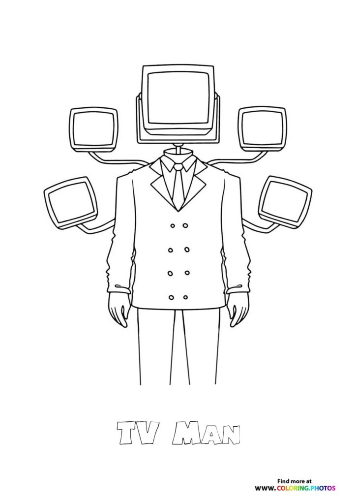 TV Man with four television screens as head and arms wearing a suit and tie coloring page from Skibidi Toilet