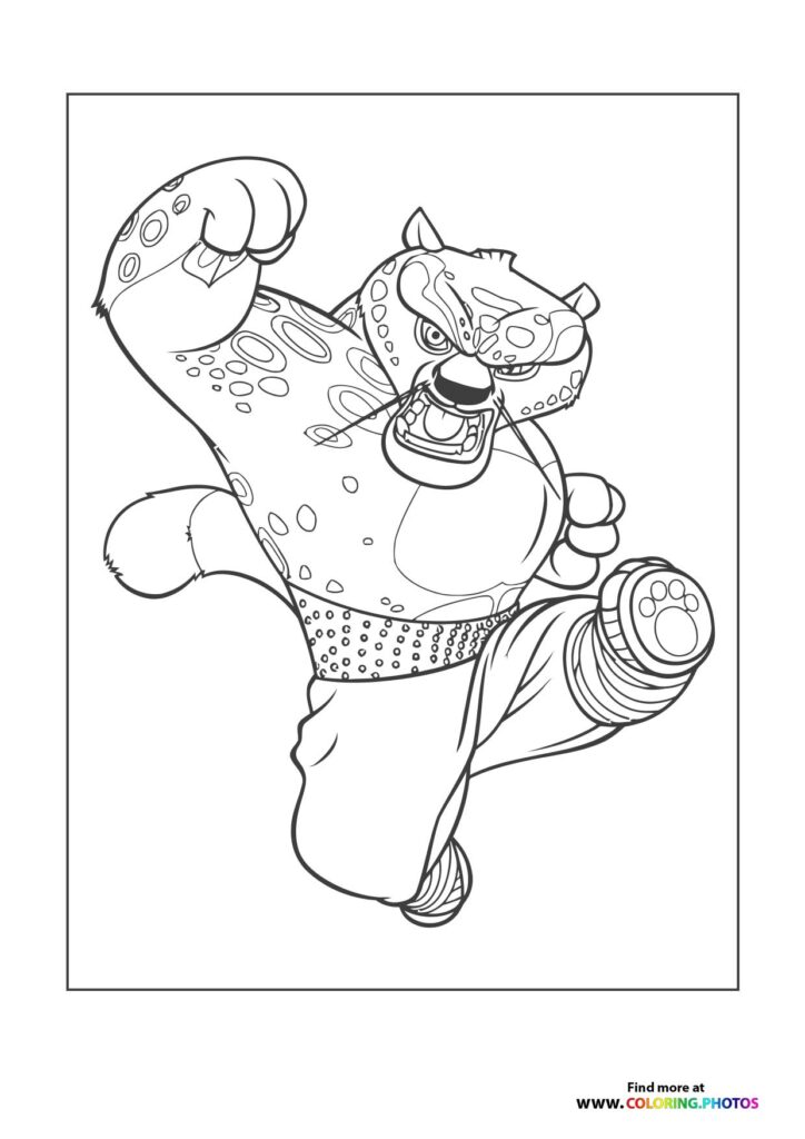 Po the panda performing a high kick in kung fu pose coloring page from Kung Fu Panda 4