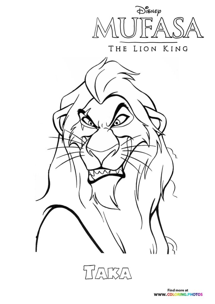 Taka with fierce expression and flowing mane coloring page from Mufasa The Lion King