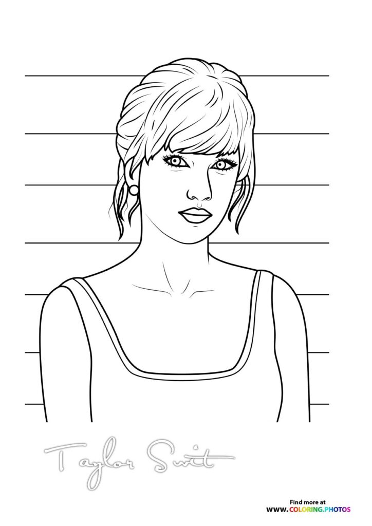 Taylor Swift with short blonde hair and bangs wearing a sleeveless top, portrait coloring page