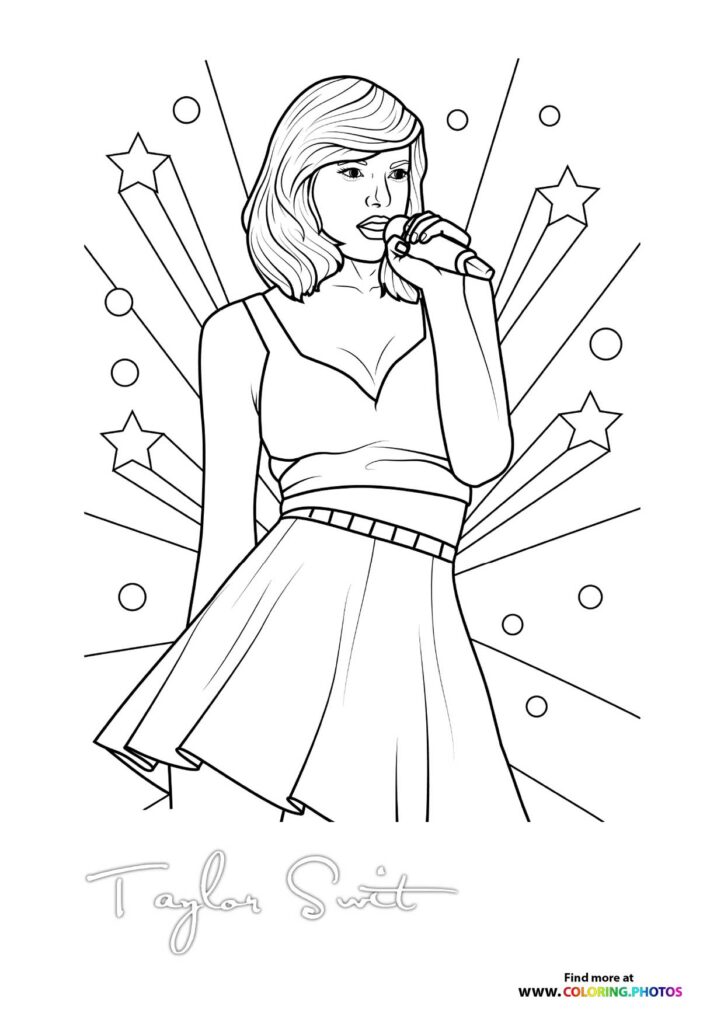 Taylor Swift singing into a microphone on stage with stars and sparkles coloring page