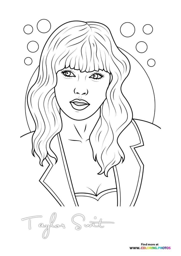 Taylor Swift with wavy hair and bangs wearing a jacket, surrounded by decorative circles coloring page