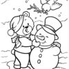 Teddy bear building a snowman coloring page