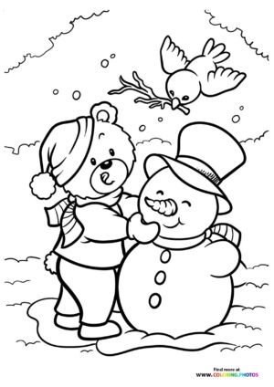 Teddy bear building a snowman coloring page