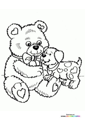 Teddy Bear playing with a dog coloring page
