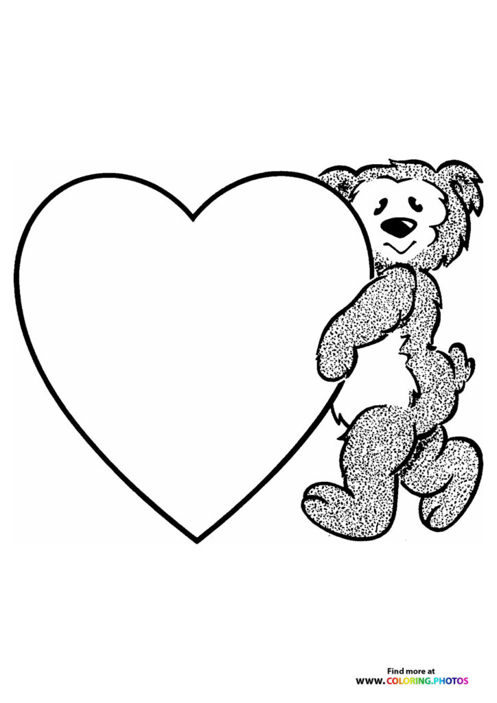 Teddy bear hugging a large heart coloring page for Valentine's Day