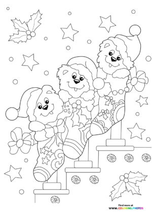 Teddy bears in a christmas stocking coloring page