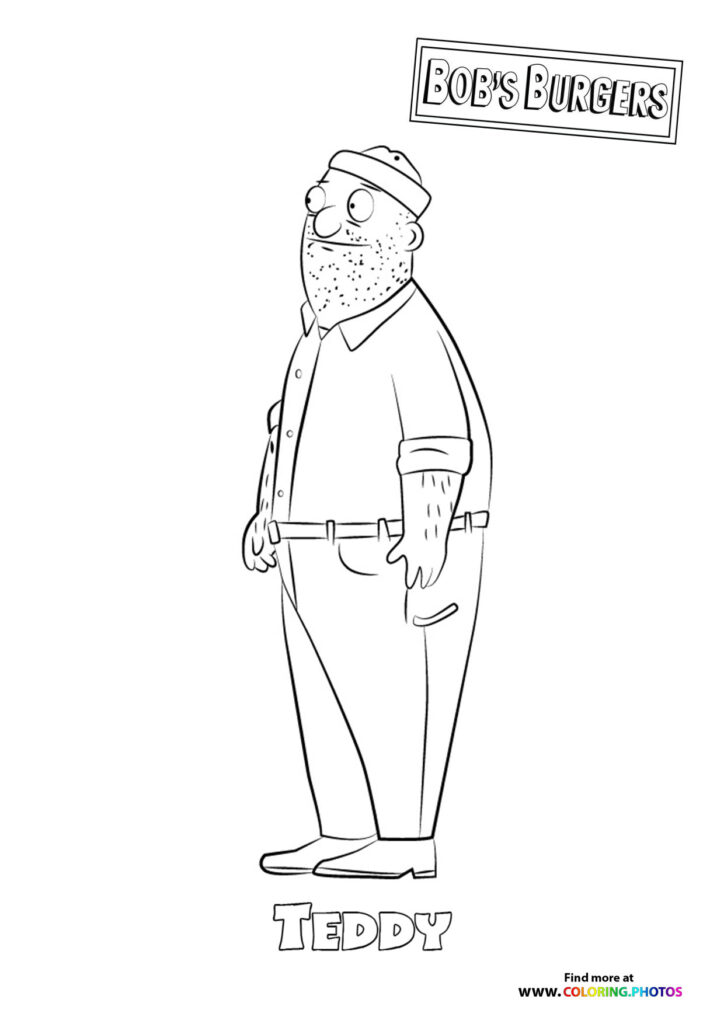 Teddy wearing a cap and casual shirt with his distinctive beard, standing full body coloring page from The Bob's Burgers Movie