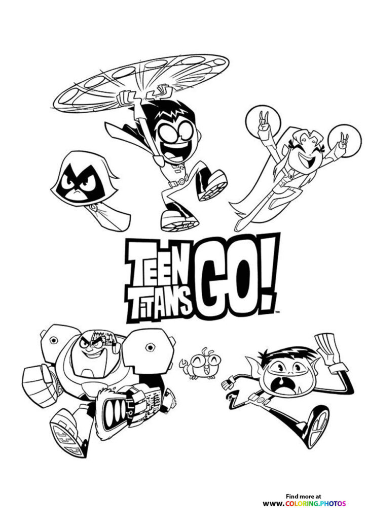 Teen Titans Go cast including Robin, Raven, Starfire, Cyborg, and Beast Boy coloring page