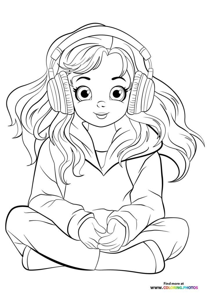 Teen girl wearing headphones and smiling while listening to music coloring page