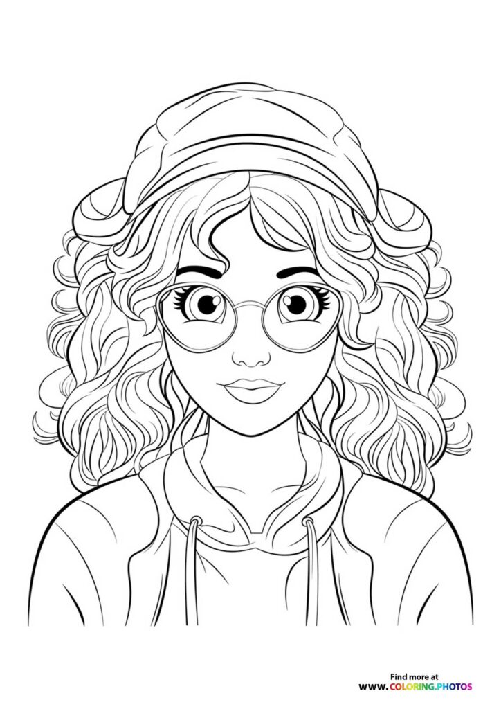 Girl with curly hair, round glasses, and a headband wearing a hoodie coloring page