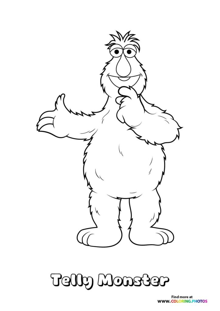 Telly Monster with spiky hair and round eyes in a happy pose coloring page from Sesame Street