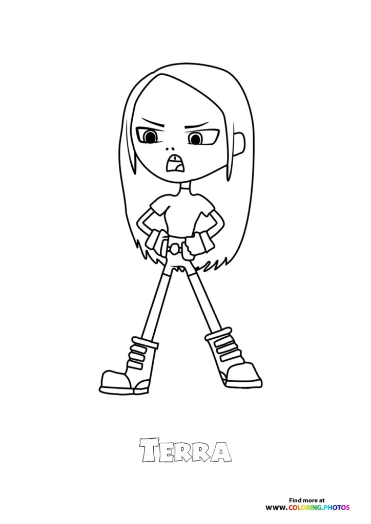 Terra from Teen Titans Go standing with hands on hips in an angry pose coloring page