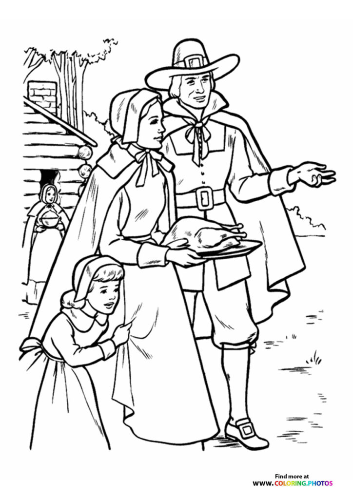 Pilgrim family with roasted turkey, log cabin, and corn stalks in autumn Thanksgiving coloring page