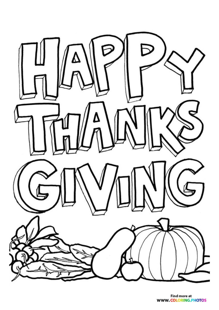 Happy Thanksgiving Giving text with pumpkin, pear, apple and wheat bundle coloring page
