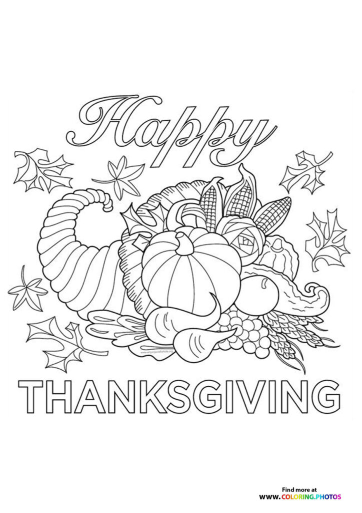 Happy Thanksgiving cornucopia with pumpkin, corn, and autumn vegetables coloring page