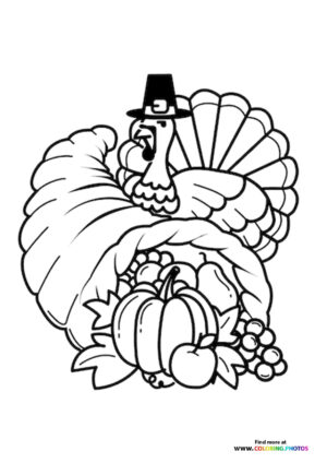 Thanksgiving day cornucopia with turkey coloring page