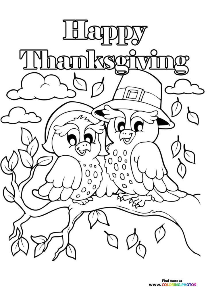 Two pilgrim turkeys wearing buckled hats sitting on a branch with autumn leaves coloring page