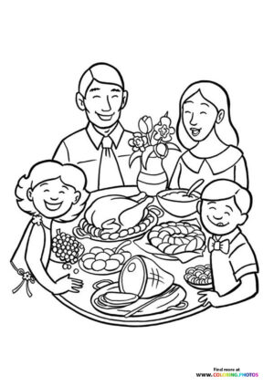 Happy Thanksgiving day family dinner coloring page