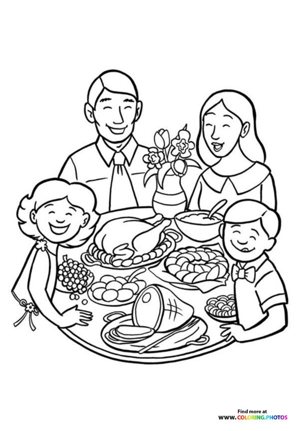 Happy Thanksgiving day family dinner coloring page