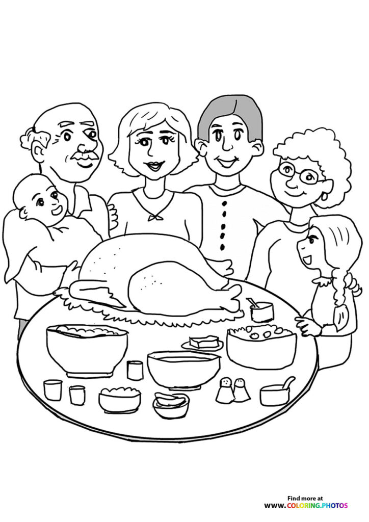 Extended family celebrating Thanksgiving dinner with roasted turkey and side dishes on the table coloring page