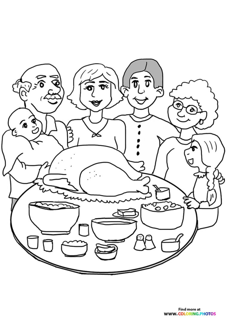 Happy Thanksgiving day family dinner - Coloring Pages for kids