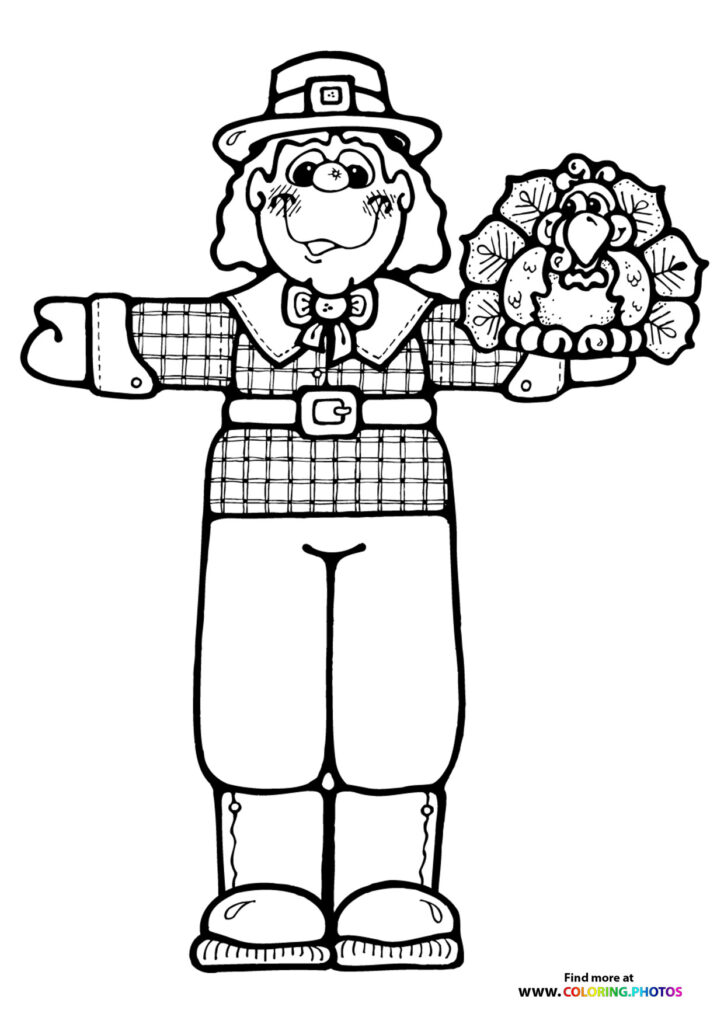 Pilgrim man wearing buckled hat and checkered shirt holding a cornucopia full of harvest vegetables and fruits coloring page