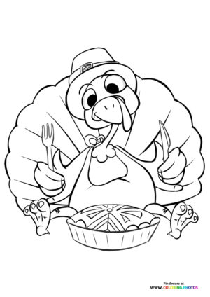 Thanksgiving turkey eating a pie coloring page