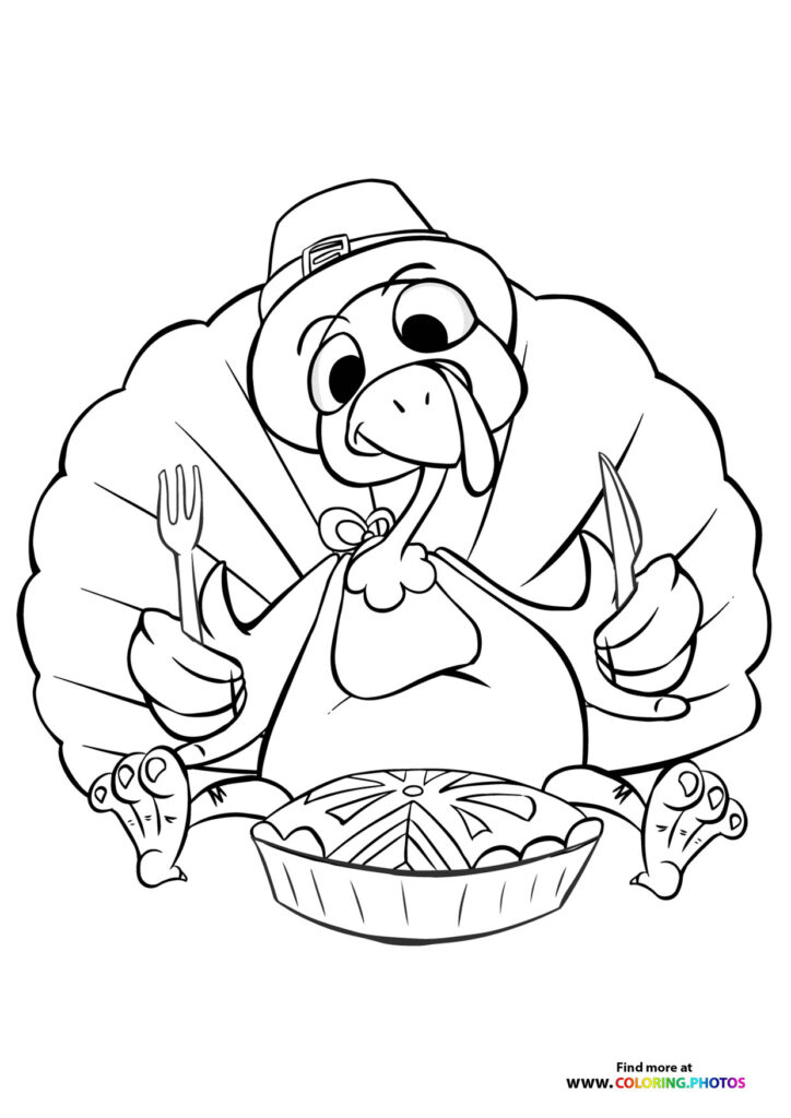 Cartoon turkey wearing Pilgrim hat holding fork and knife with pie on table coloring page
