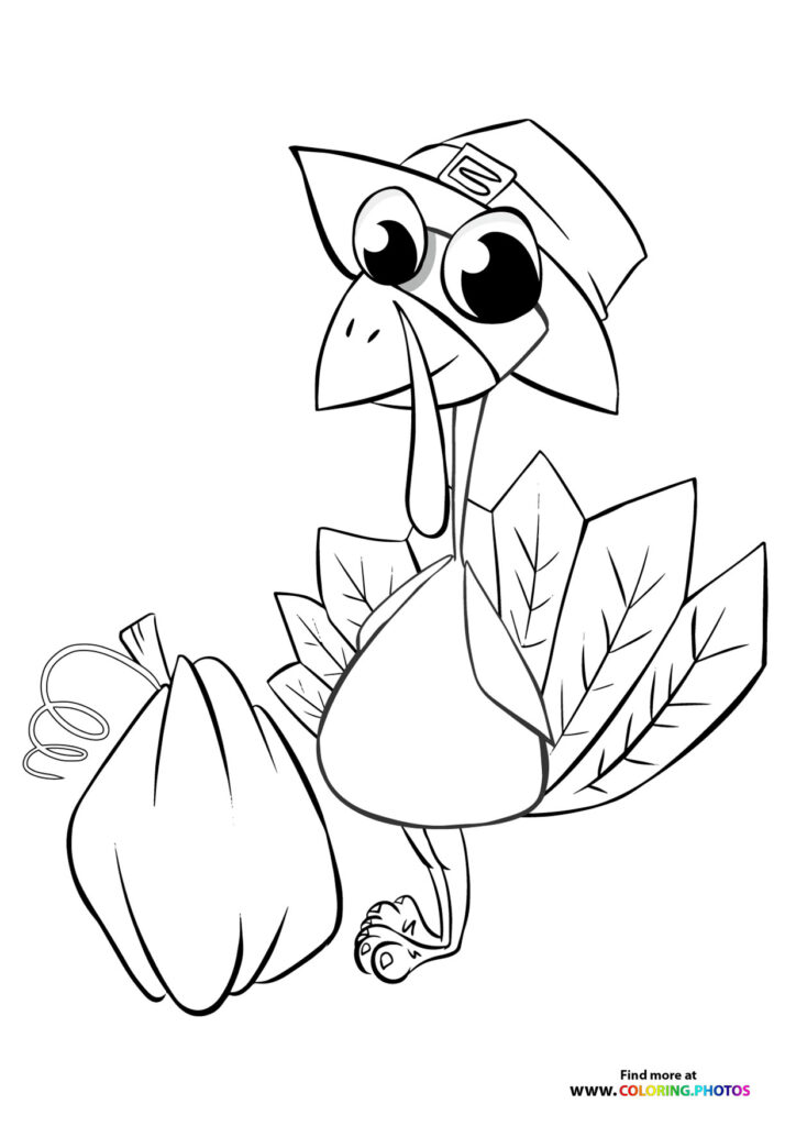 Cartoon turkey wearing pilgrim hat next to pumpkin with autumn leaves coloring page