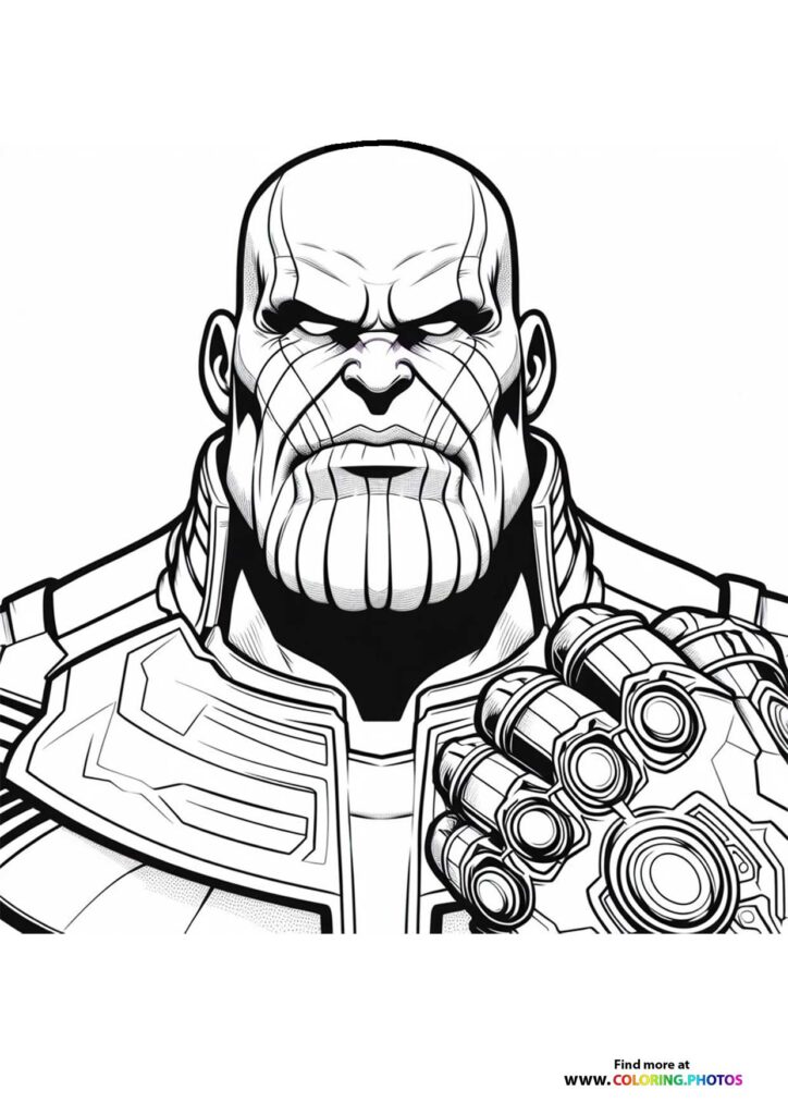 Thanos wearing armor and the Infinity Gauntlet with power stones coloring page