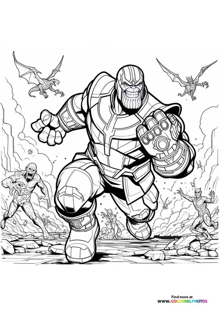 Thanos wearing armor and Infinity Gauntlet facing off against heroes and flying demons coloring page