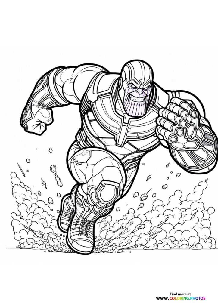 Thanos charging forward with clenched fists surrounded by explosion clouds coloring page