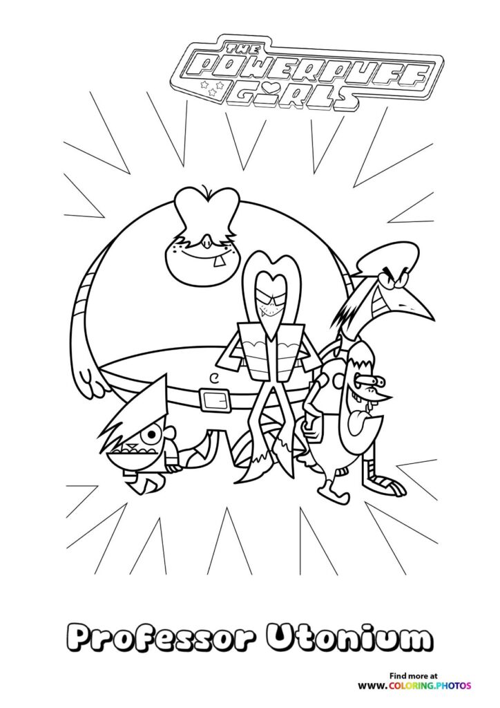 Professor Utonium with bouffant hair and lab coat surrounded by the three Powerpuff Girls coloring page