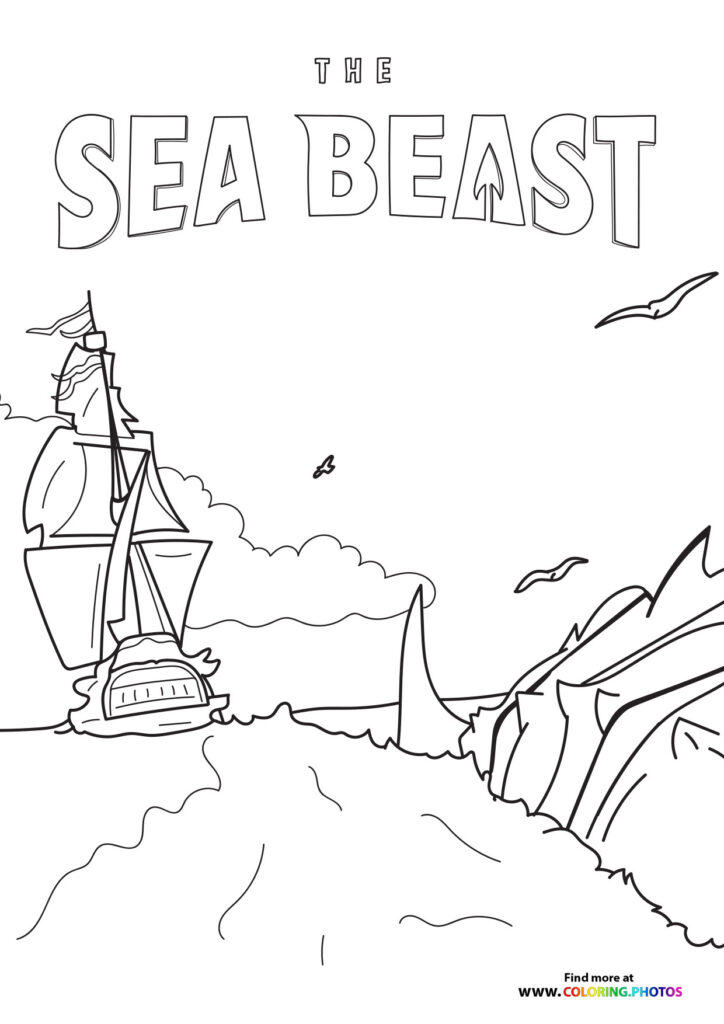 The Sea Beast title with sailing ship, ocean waves, and rocky cliffs coloring page from Netflix
