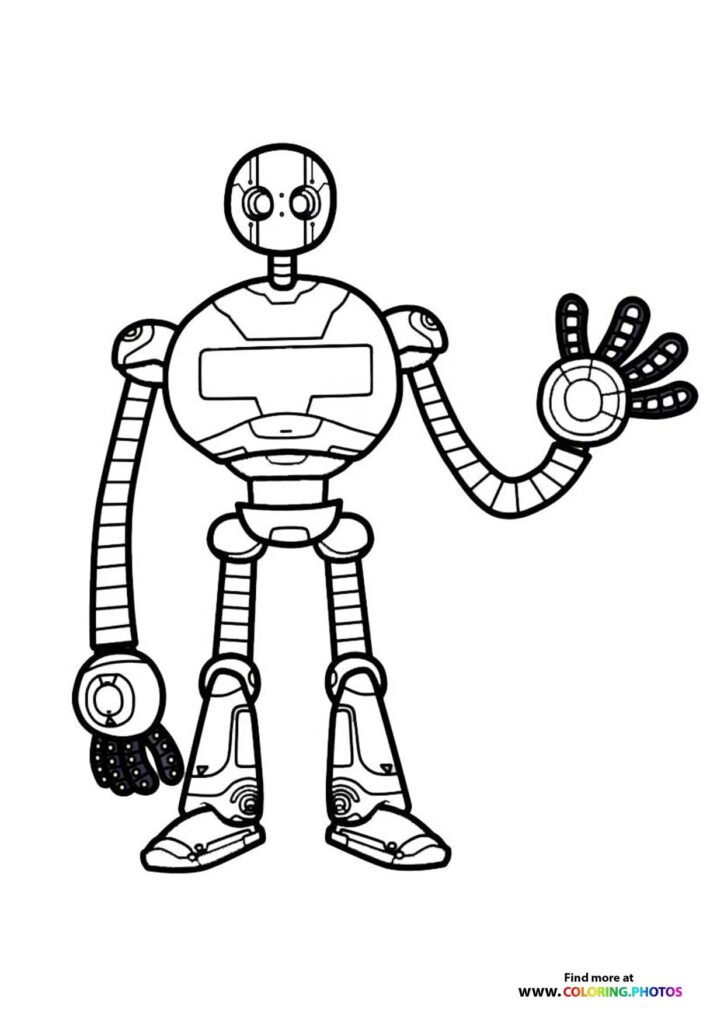 Roz the robot from The Wild Robot standing with one arm raised, showing her mechanical body and round head coloring page