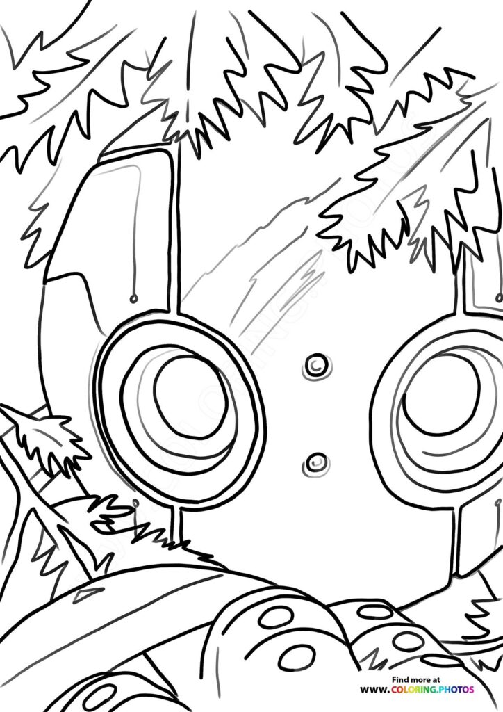 Wild Robot Roz with large circular eyes surrounded by pine trees and forest branches coloring page