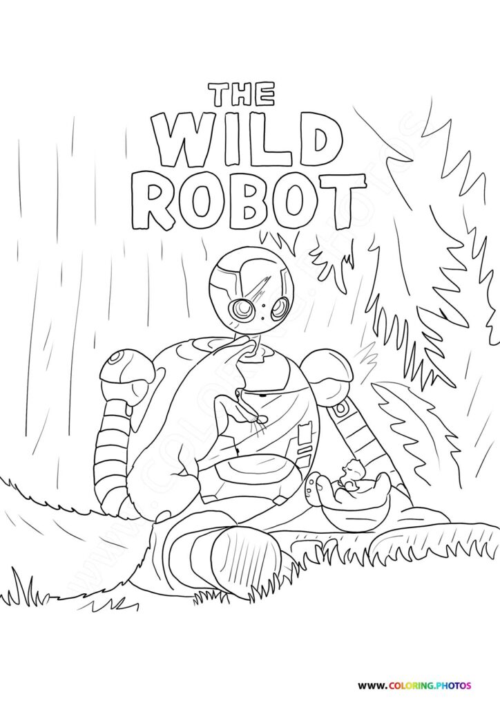 Roz the robot sitting in a forest surrounded by trees and vegetation coloring page from The Wild Robot